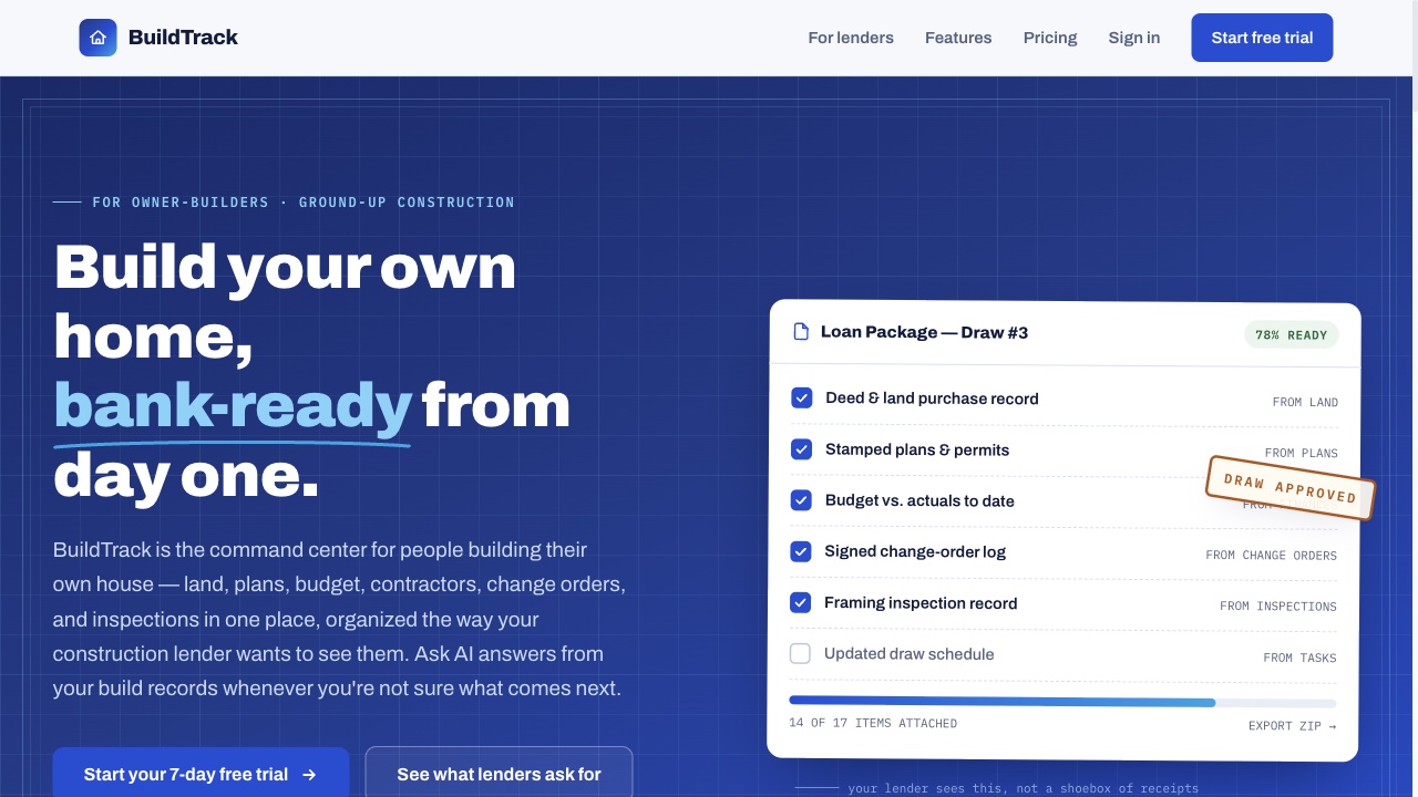 BuildTrack's loan package screen, showing a draw request 78 percent ready
